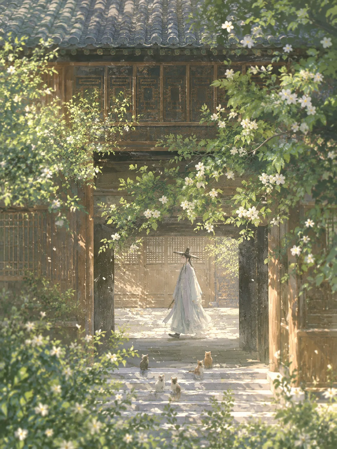 The seonbi walking into a blossoming courtyard in spring